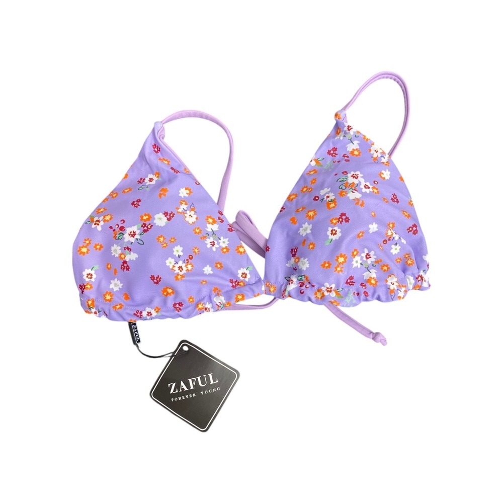 Zaful Women Floral Print Triangle Bikini Top Lavender Purple Tie Back Swim